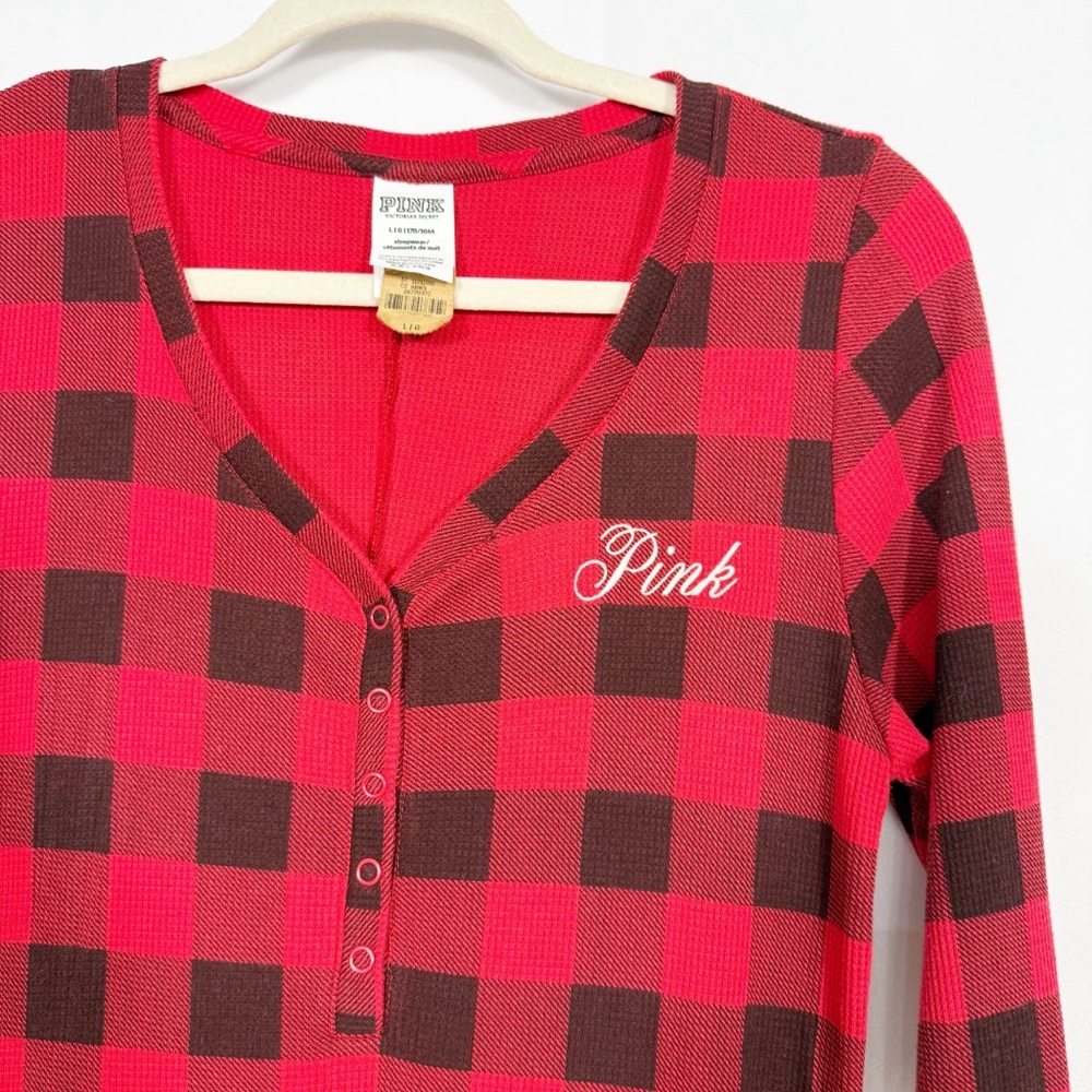PINK Victoria’s Secret Thermal Sleep Onesie Buffalo Check Plaid Red Black - Picture 4 of 8